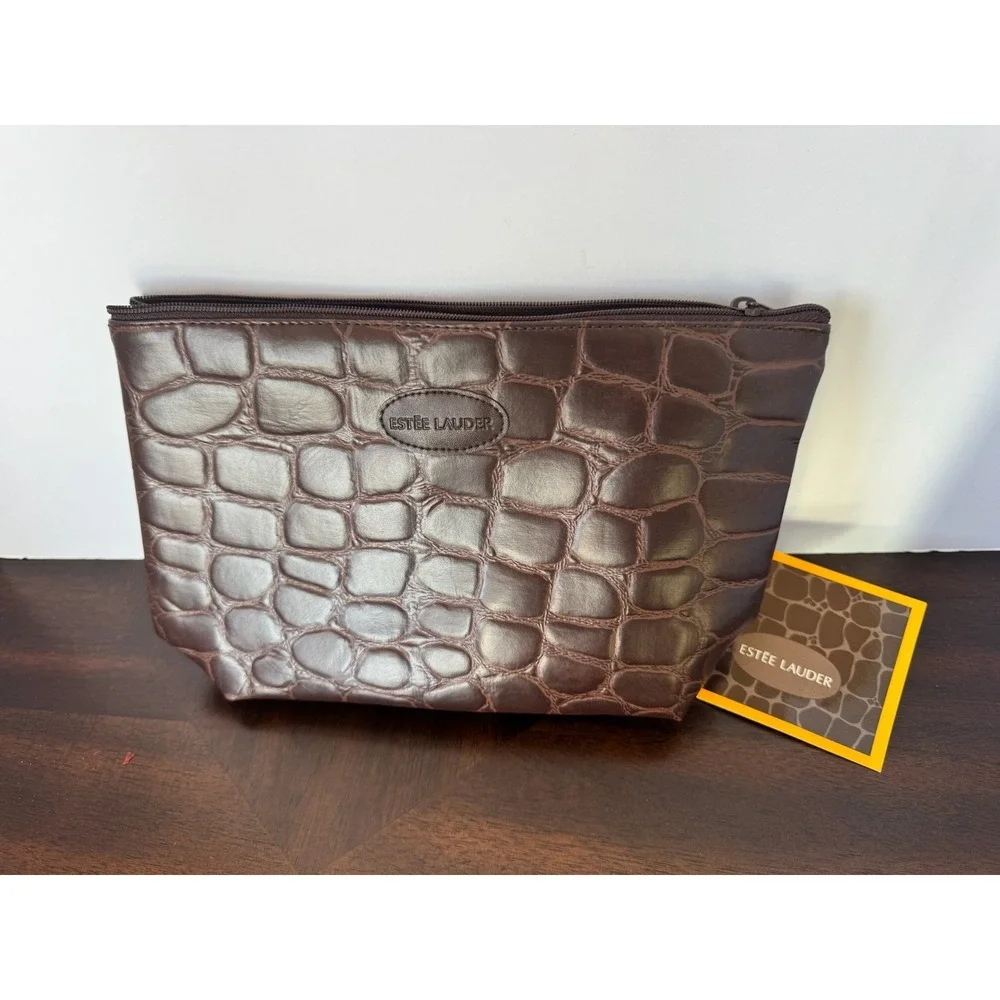 Estee Lauder‎ Brown Croc Embossed Makeup Bag Cosmetic Pouch Travel Case